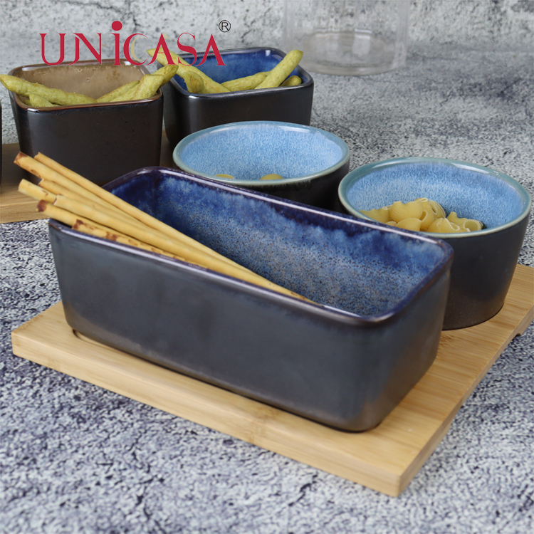 Ceramic Bakeware set of 3 Serving bowl with bamboo tray rectangular serving dish round bowls small ramekin snacks baker