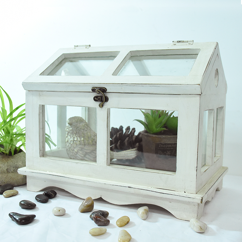 Lukcywind Shabby chic wood glass French country garden decor mini wooden greenhouse