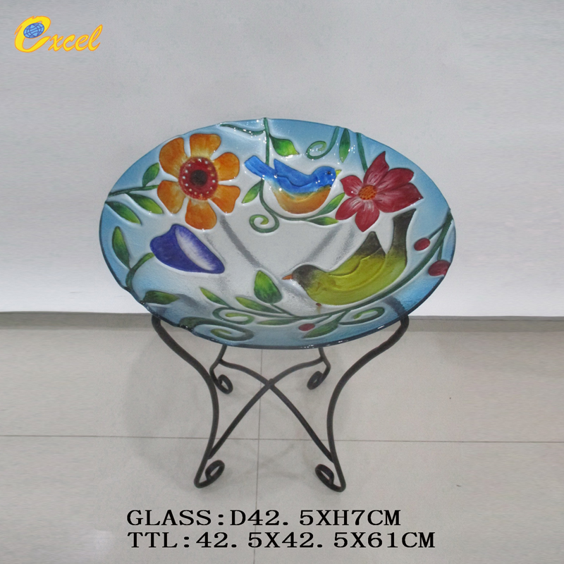 glass bird bath tray with iron shelf