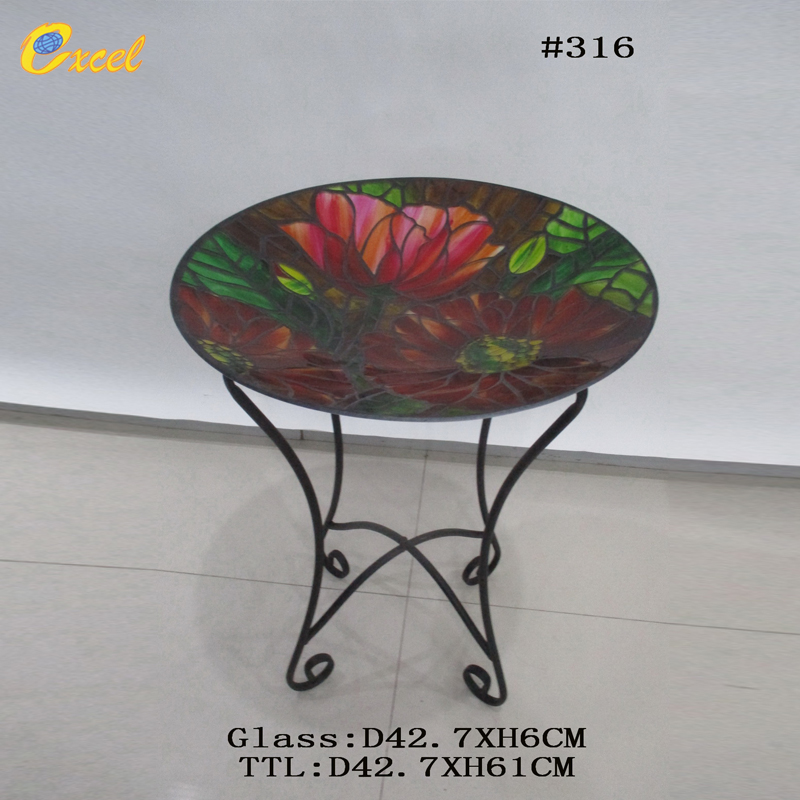 Glass bird bath tray with iron shelf