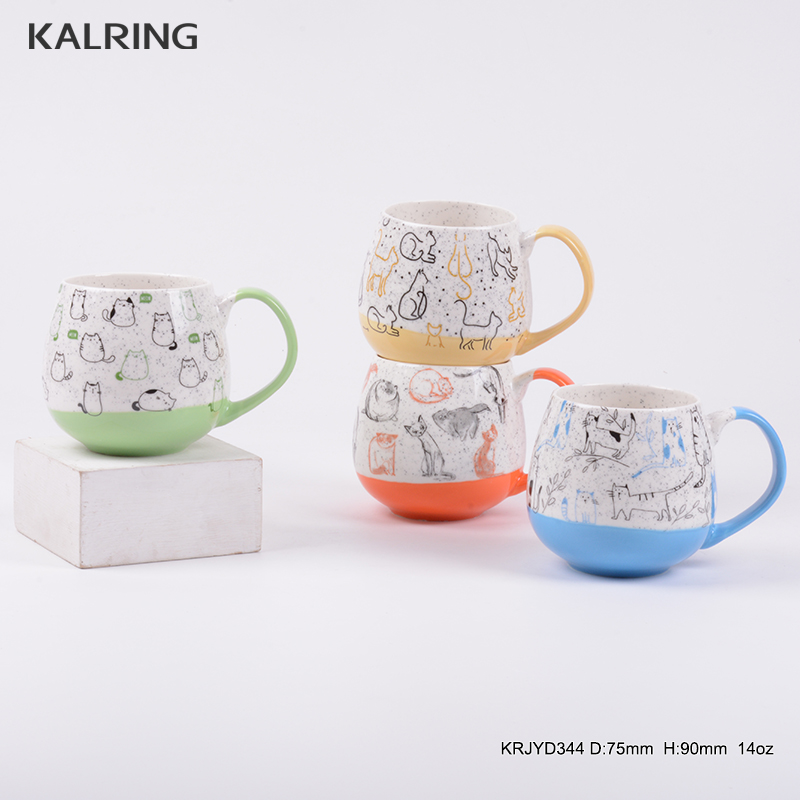 New bone china mug half color glaze with sesame cartoon designs