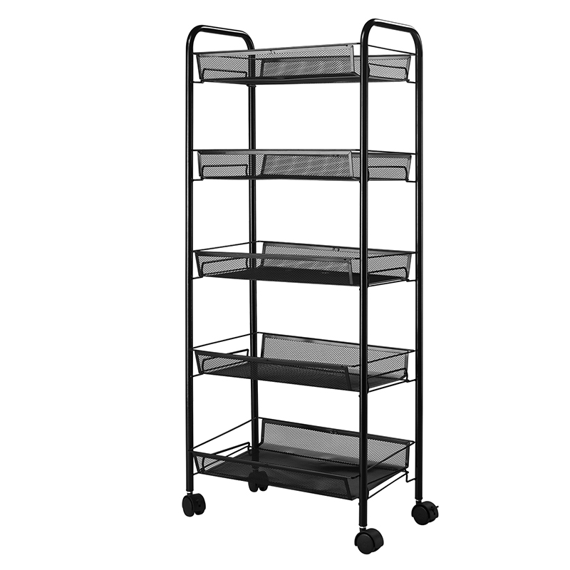5 Tier Storage Organizer Mesh Trolley Cart with Wheels and Practical Hooks, Slide-Out Narrow Shelf