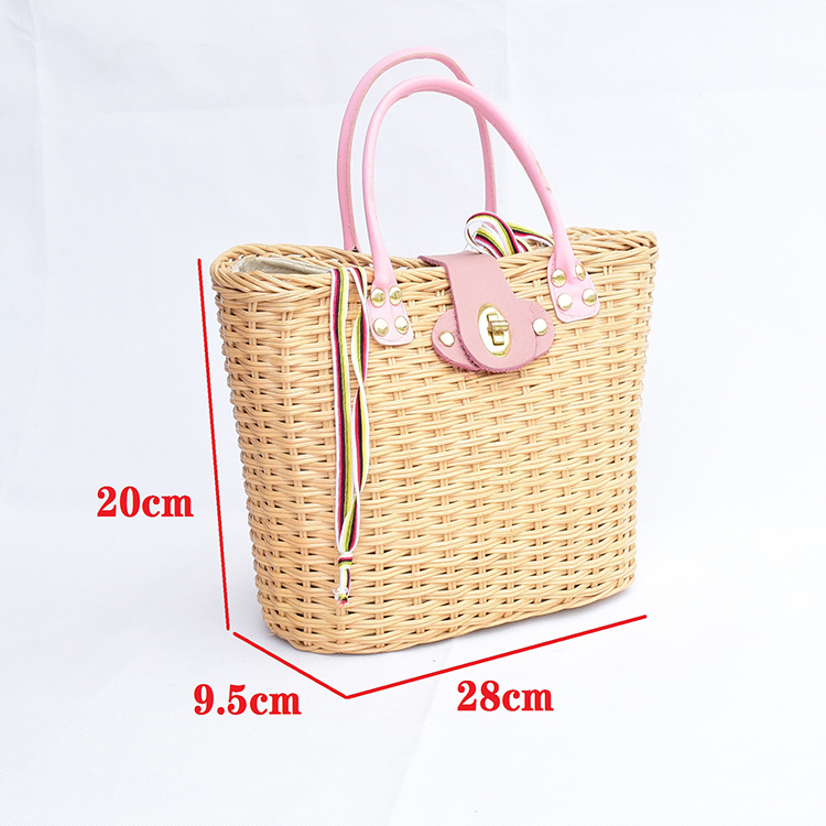 pink PU handle middle size natrual plant rattan handcraft handbag fashion ladies woven bag