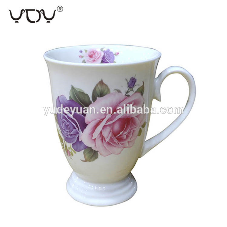 New bone white tall footed printed floral large ceramic coffee mugs