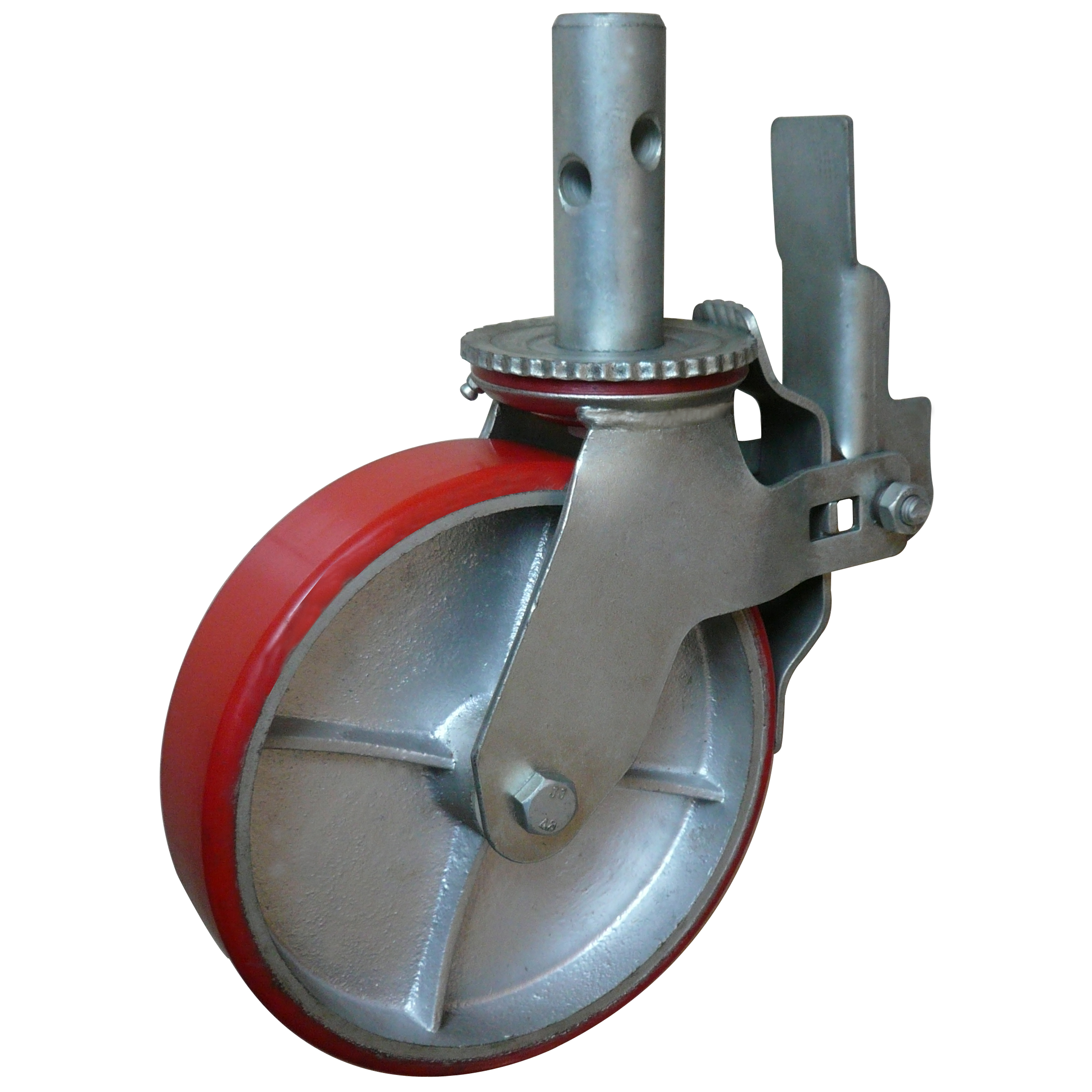 Industrial scaffold caster with red polyurethane on cast iron wheel