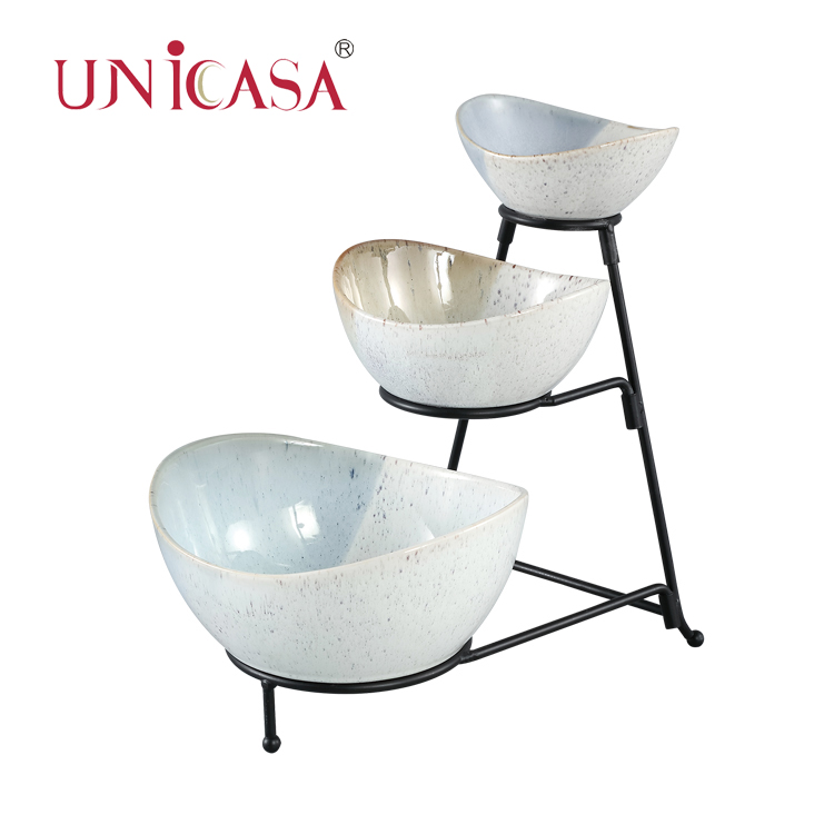 Ceramic serving set 3 Tier Round Bowl Set with Metal Rack Party Food Server Display Set Tiered Serving Stand With Three Ceramic Bowl Dessert Platters