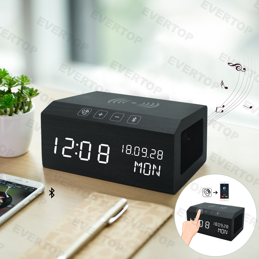 Wood Multifunctional Bluetooth Speaker Wireless Charger Clock Et552