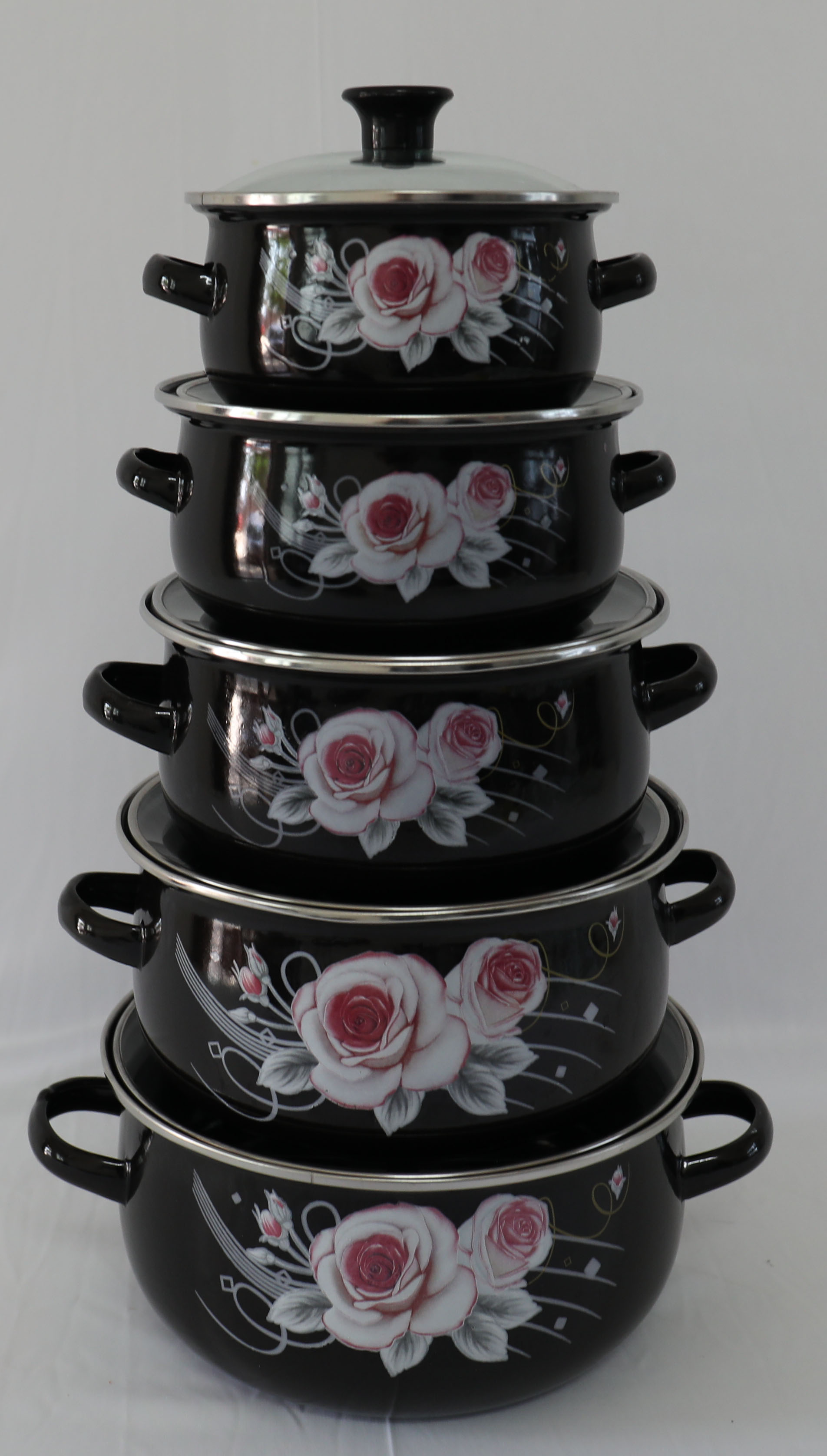 Enamel Black Casserole With Water Decal, Glass Cover