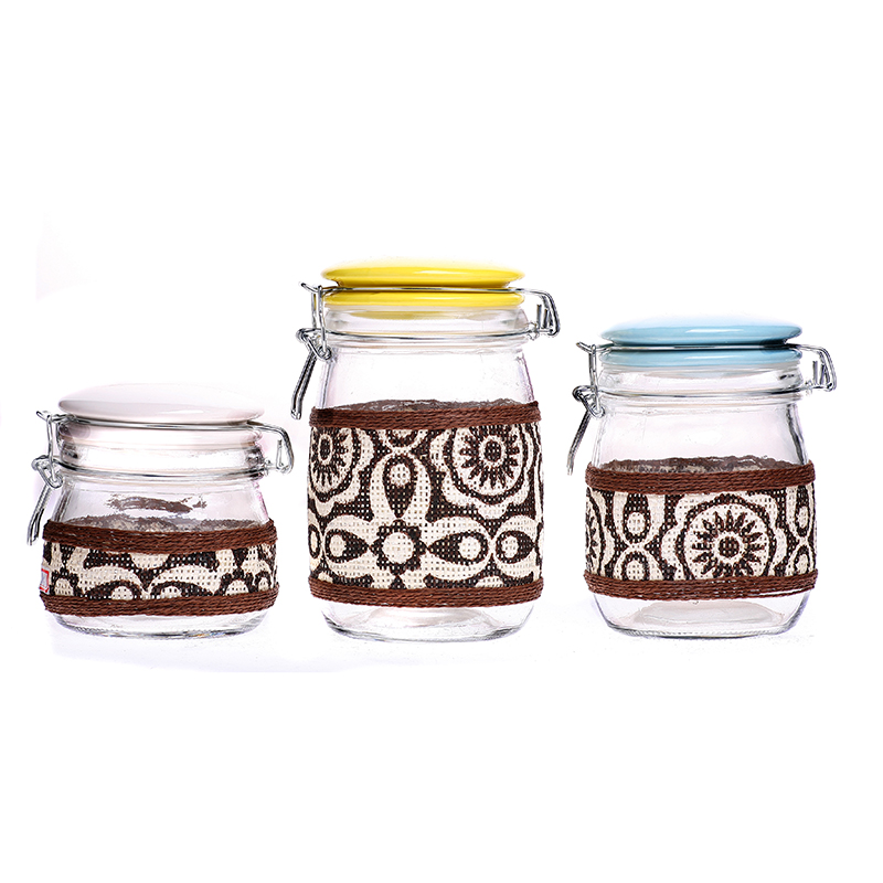 Glass food storage jar Clear Glass Jar with cloth wrap