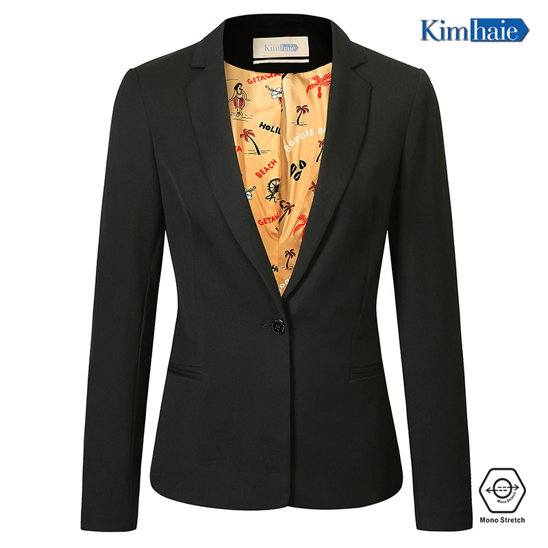 Women black single Breasted 1 button notch lapel fancy workmanship for inside lining stretch blazer