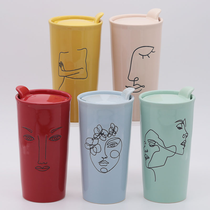 ZH-1959 350ml double wall mug Facebook stoneware solid color with lid