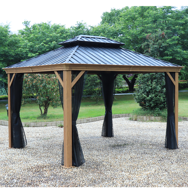 1 Outdoor leisure furniture Outdoor Aluminum Double Roof Hardtop Gazebo 4-Season Outdoor Sun Shelter with Mosquito Net and Removable Curtains