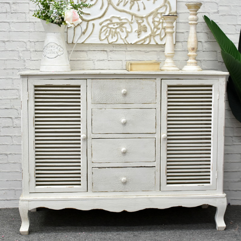 Lukcywind White Vintage Rustic French Styel Solid Wood Living Room Cabinet Buffet Sideboard with Drawers and Shutters