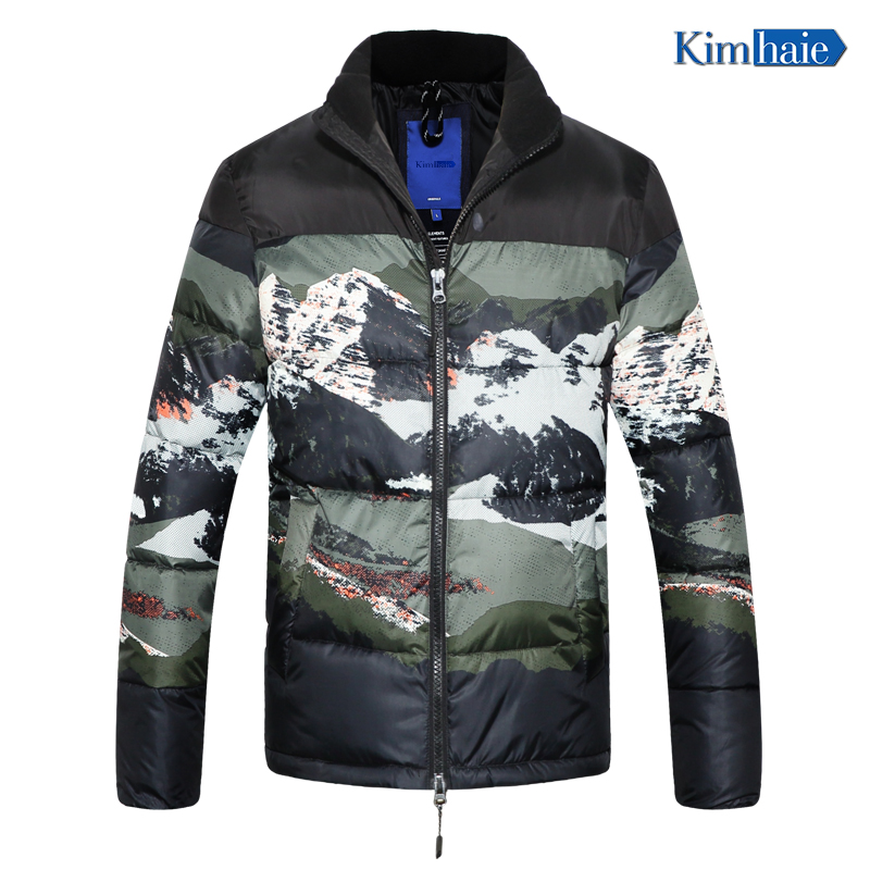 Mens photo print two-way zipper stand collar padding jacket