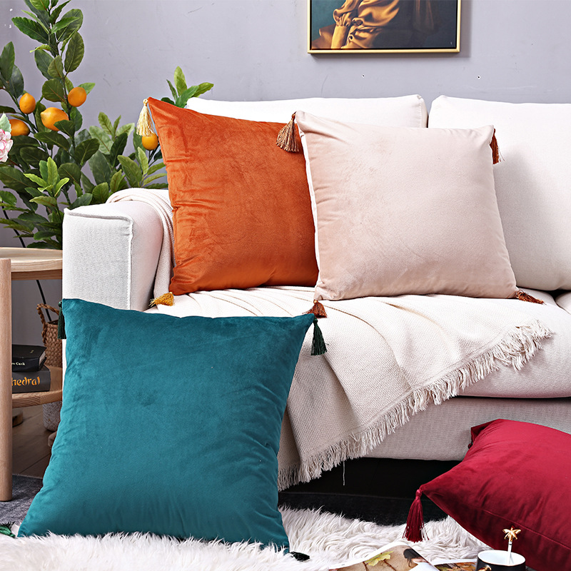 CUSHION I003 Removable Solid Colour Square Velvet Soft Solid Decorative Throw Pillow with Tassels Fringe for Couch Sofa Bed 45X45CM