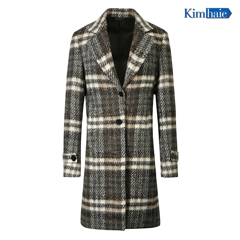 Women grey check single Breasted notch lapel cuff tab waistband contrast fabric longer woolen coat