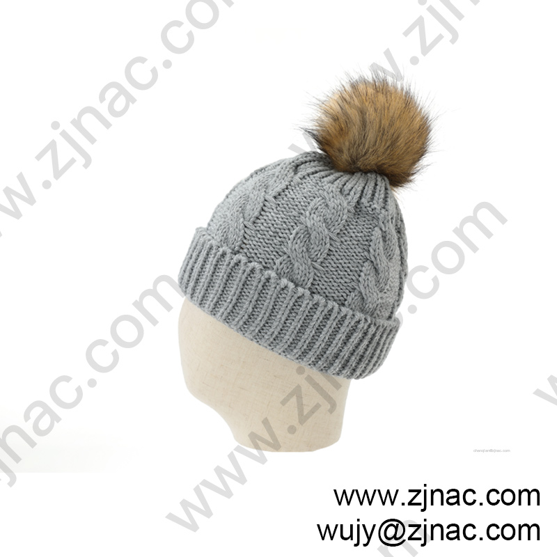 Women's Winter Soft Knitted Beanie Hat with Faux Fur Pom Pom