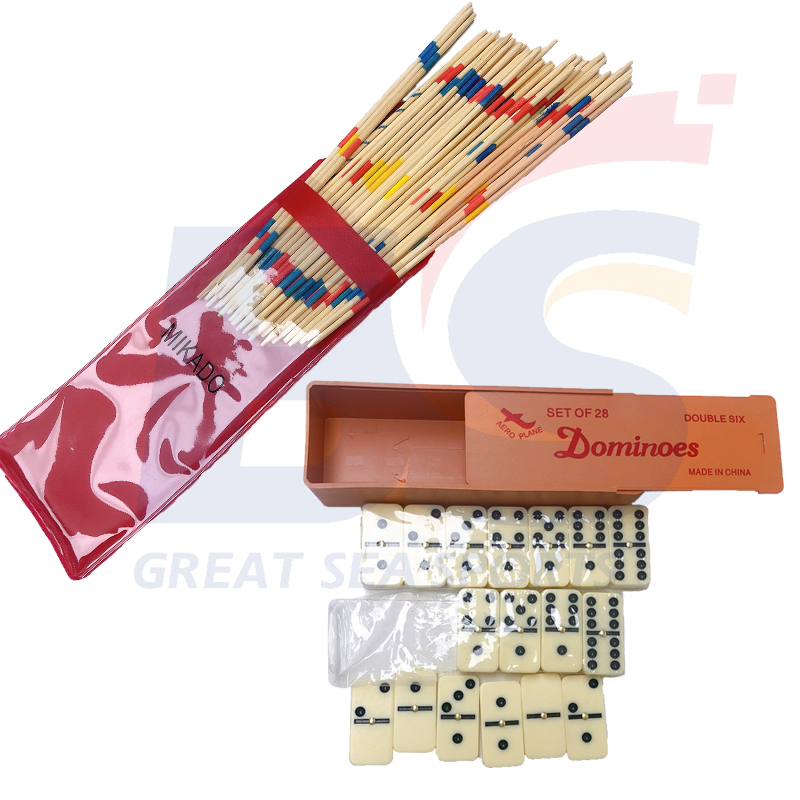 Educational kids toys outdoor party games pick up stick mikado games with wood box double six dominoes and wooden colorful domino set with wooden box