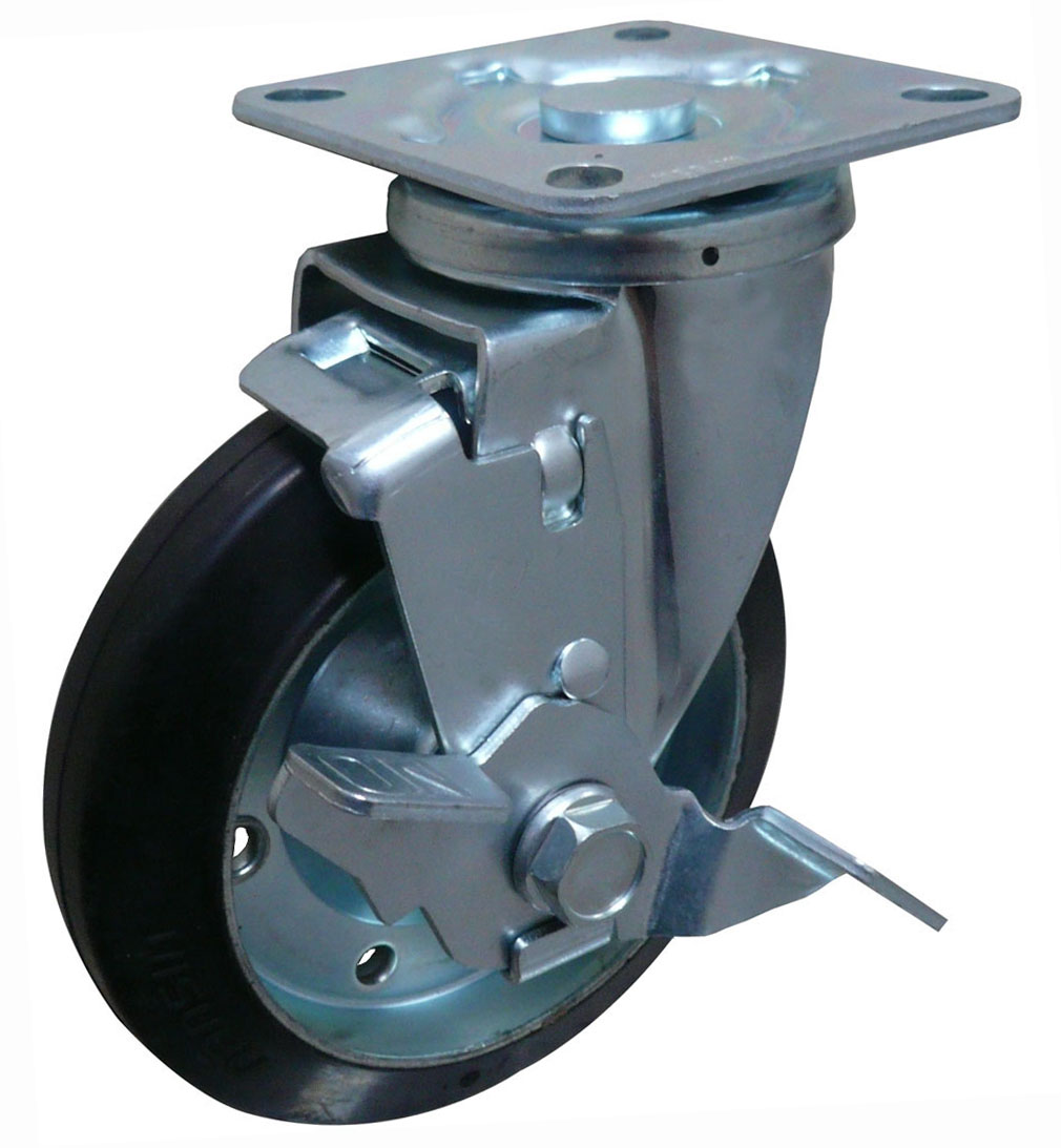 Swivel locking caster with elastic black rubber on disc wheel