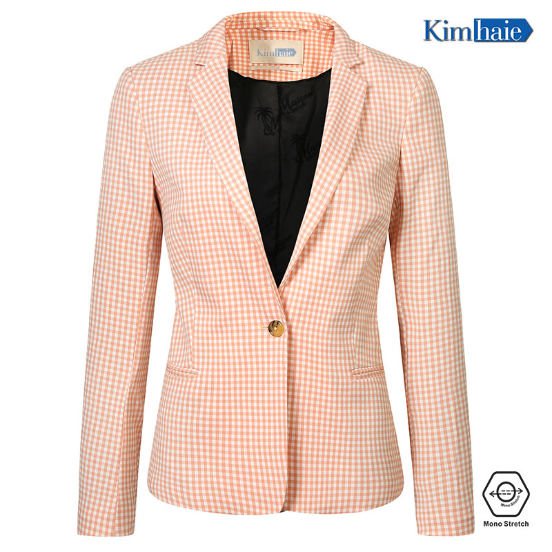 Women orange check single Breasted 1 button notch lapel fancy workmanship for inside lining stretch blazer