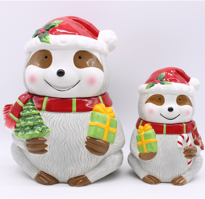 Ceramic Sloth Cookie Jar, Hand-painted Ceramic Christmas Sloth Cookie Jar