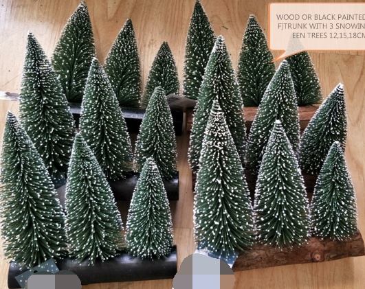 Wood Or Black Painted [mdf]trunk With 3 Snowing Green Trees 12,15,18cm