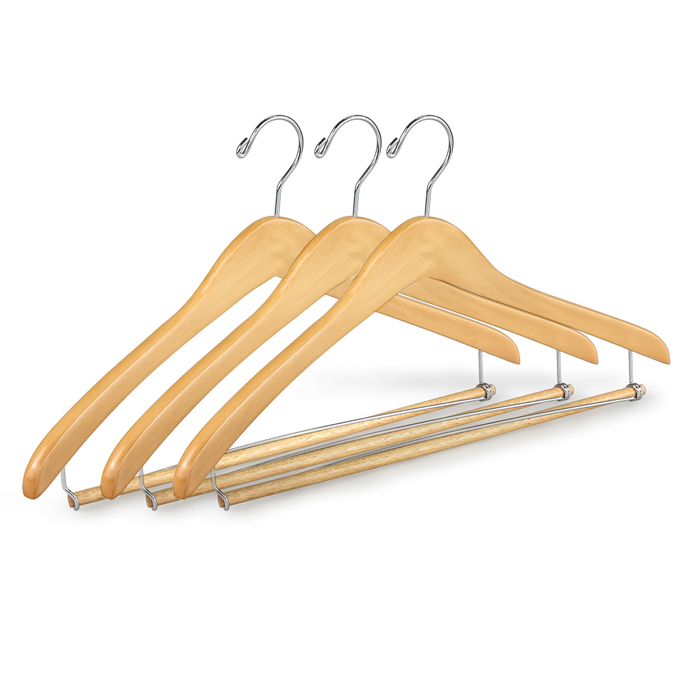 Natural Color Contoured Body Wooden Hotel Hanger for Clothes with locking bar