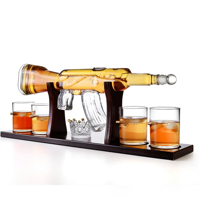 Clear ak 47 gun shaped glass liquor vodka whisky bottle with cork lid