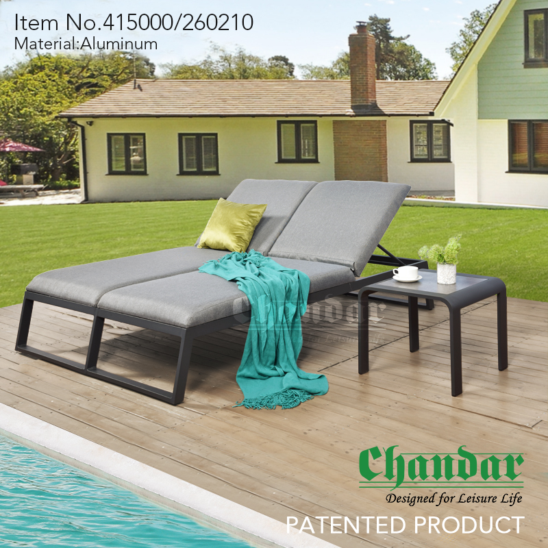 Outdoor furniture Double Sun Lounger Set Garden set Aluminium Sun Lounger with Waterproof Cushion Aluminium Side Table