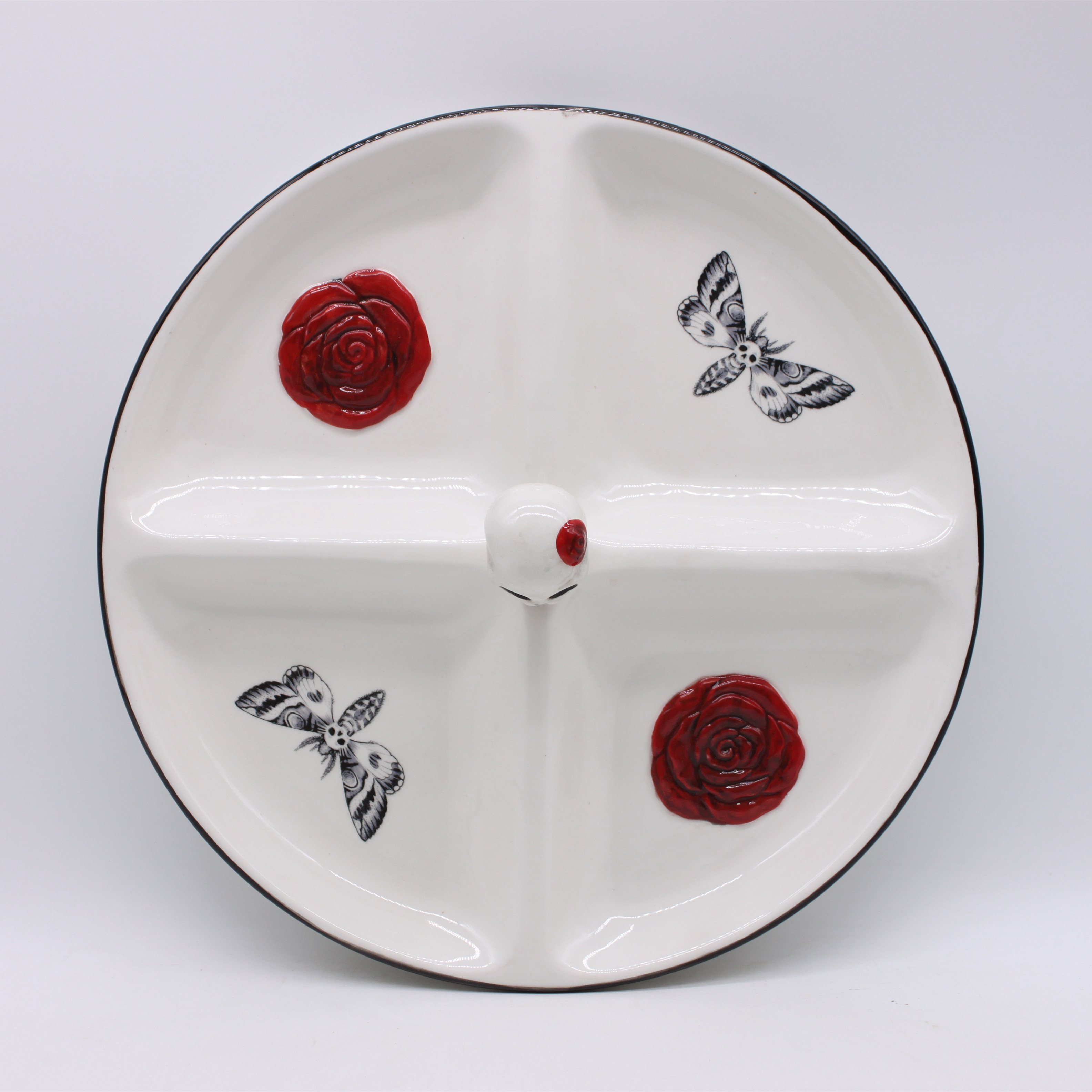 Ceramic Halloween 4 Section Plate, Hand-painted Ceramic Skull 4 Section Plate