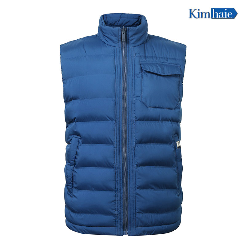 Mens blue stand collar flap patch chest pocket inside 1 zipper pocket padding vest