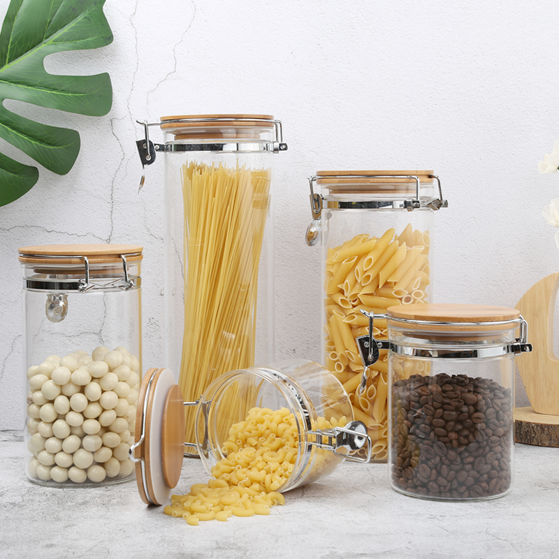450ml，800ml，1200ml，1500ml，2000ml borosilicate glass canister with bamboo lia and iron clamp，storage jar