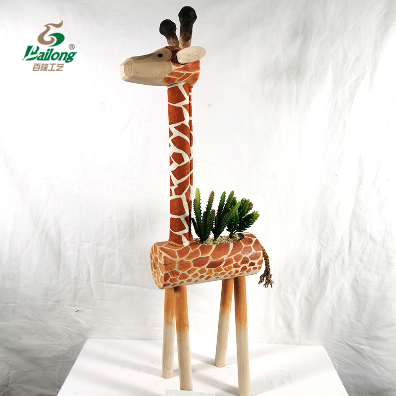 Wood carved giraffe flower planter garden home decor