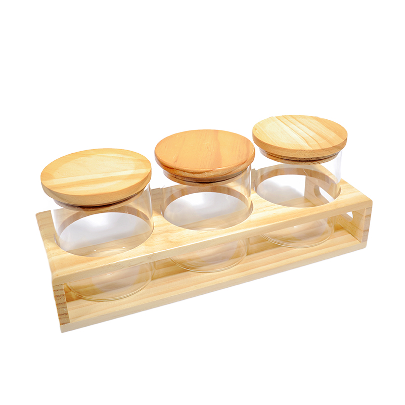 3pcs glass storage jar with wooden rack set