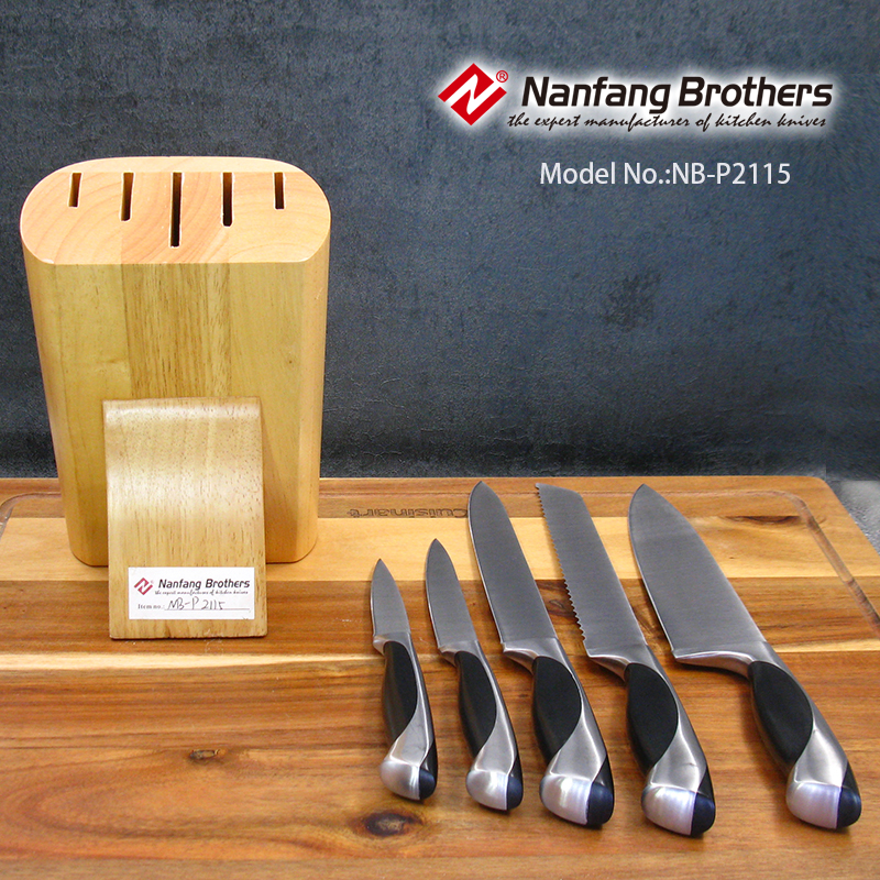 6-piece kitchen knives set with Rubber wood block & ABS forged handle.
