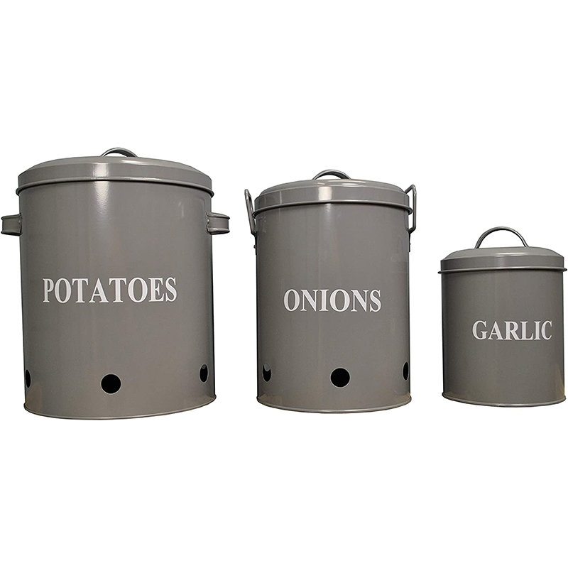 Set of 3 Metal Storage Tins for Potato, Onion and Garlic