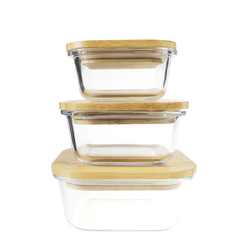 Borosilicate square glass food container with wooden lid