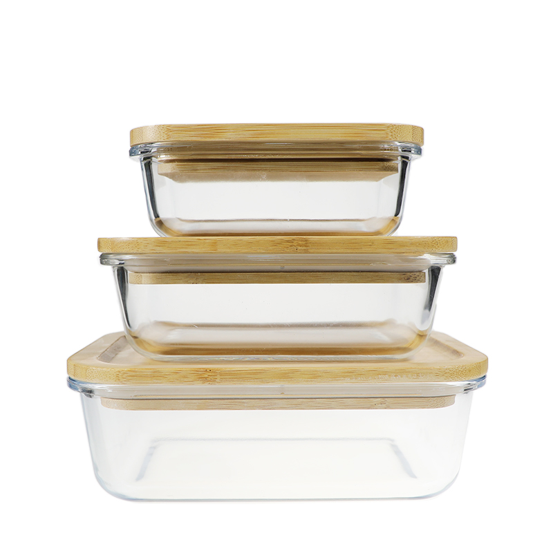 Borosilicate rectangle glass food container with bamboo lid