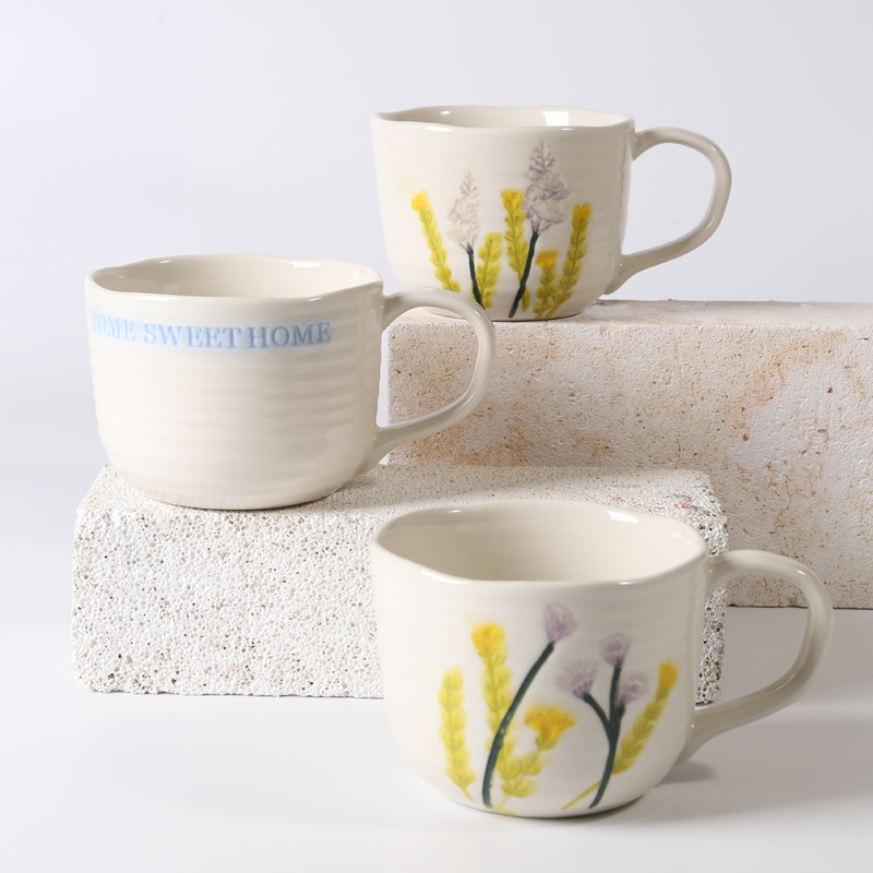 400ml Soup mug,intaglio flowers,hand painting,irregular