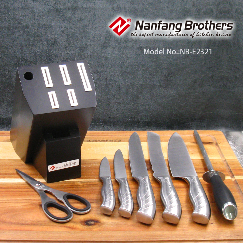 8-piece kitchen knives set with Black color Wooden block & SS hollow handle.