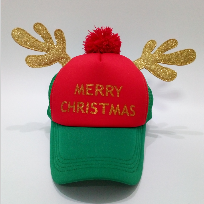 xmas baseball cap with words and antlers in gold glitter