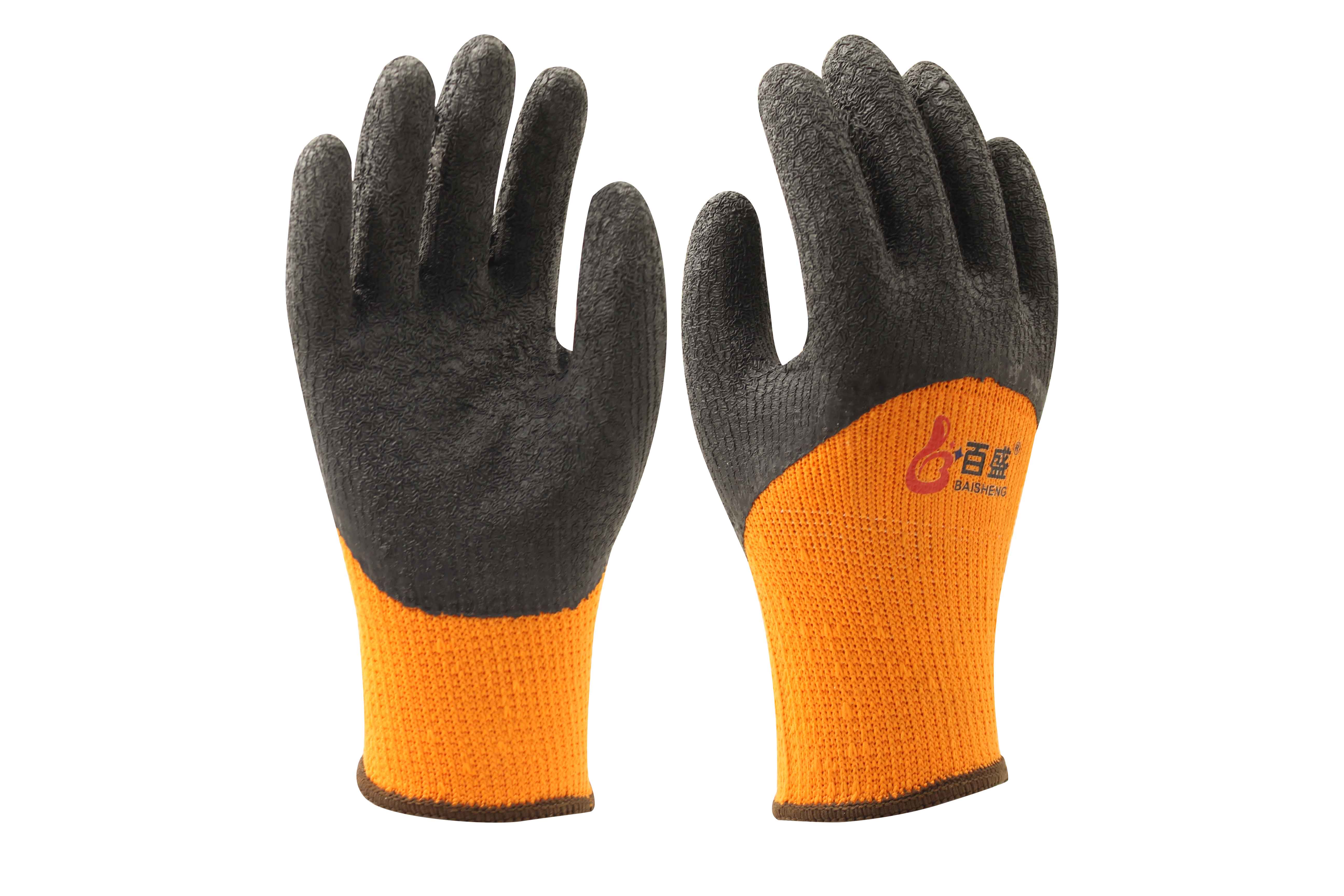 7 gauge orange napping acrylic with black latex crinkle finished palm caoting glove
