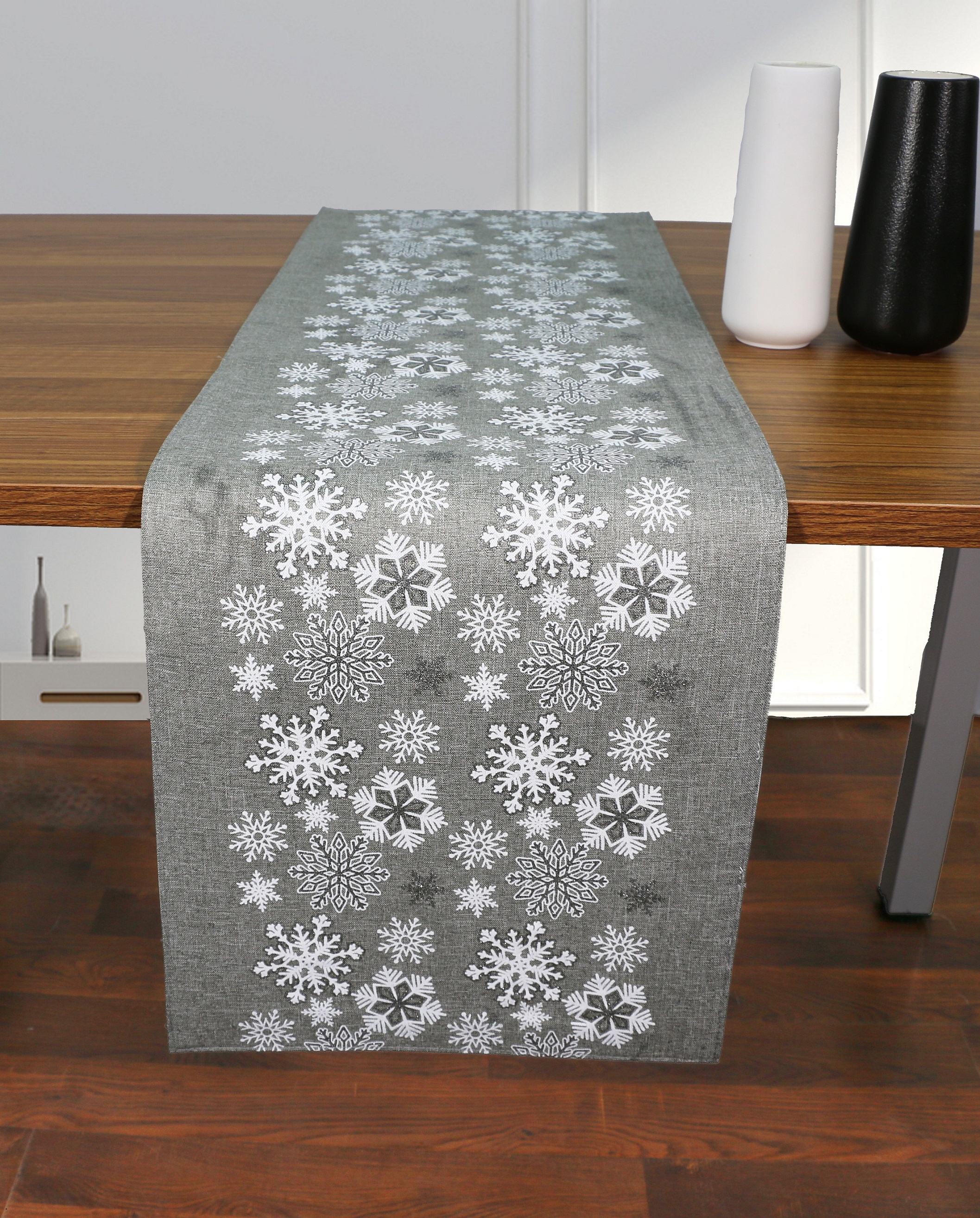 Snowflake rubber and silver foil printed table runner for Christmas