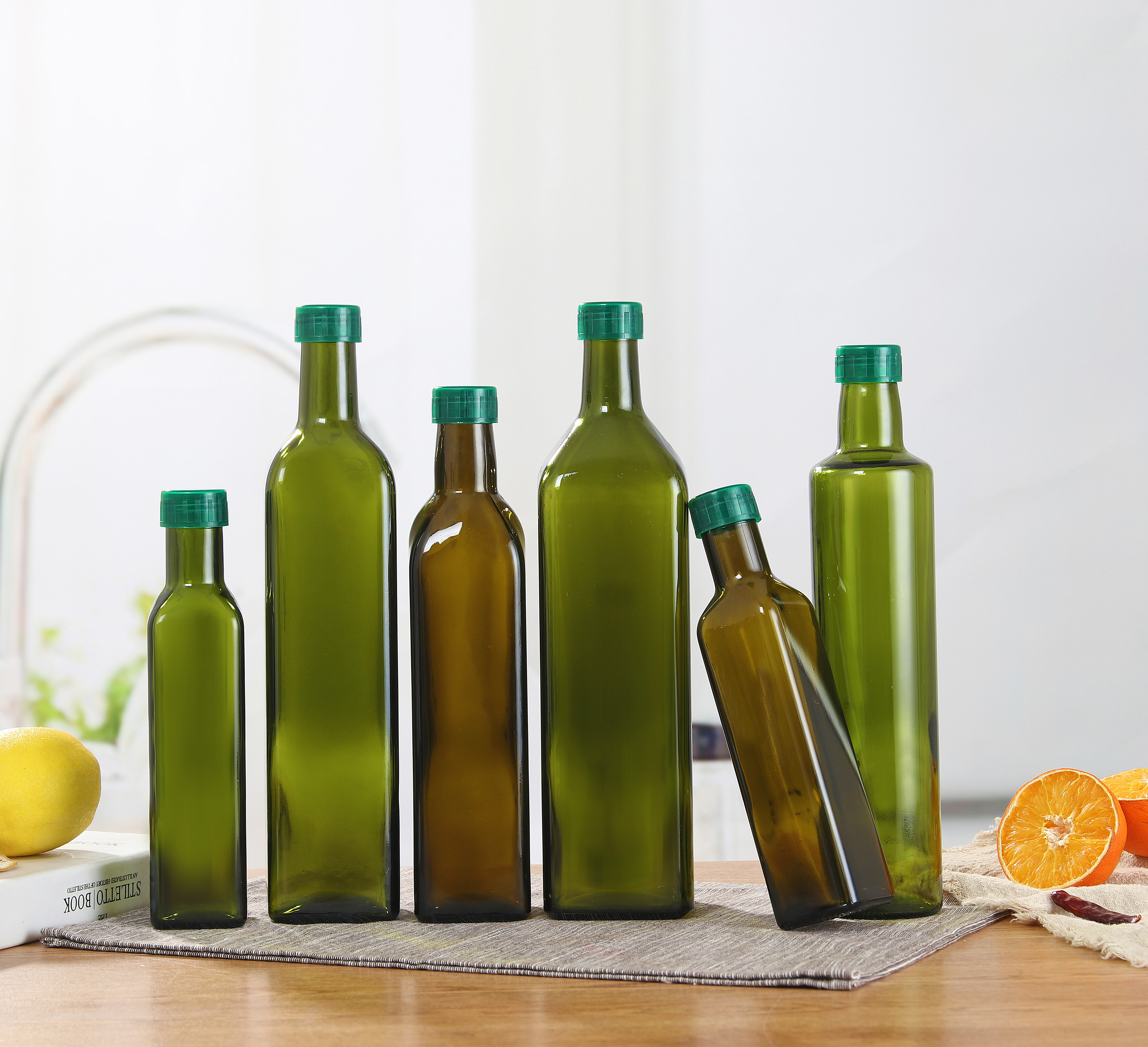 Green color Olive oil glass bottle 750ml with plastic cap Amber Glass olive oil bottle 100ml 250ml 500ml 750ml 1000ml