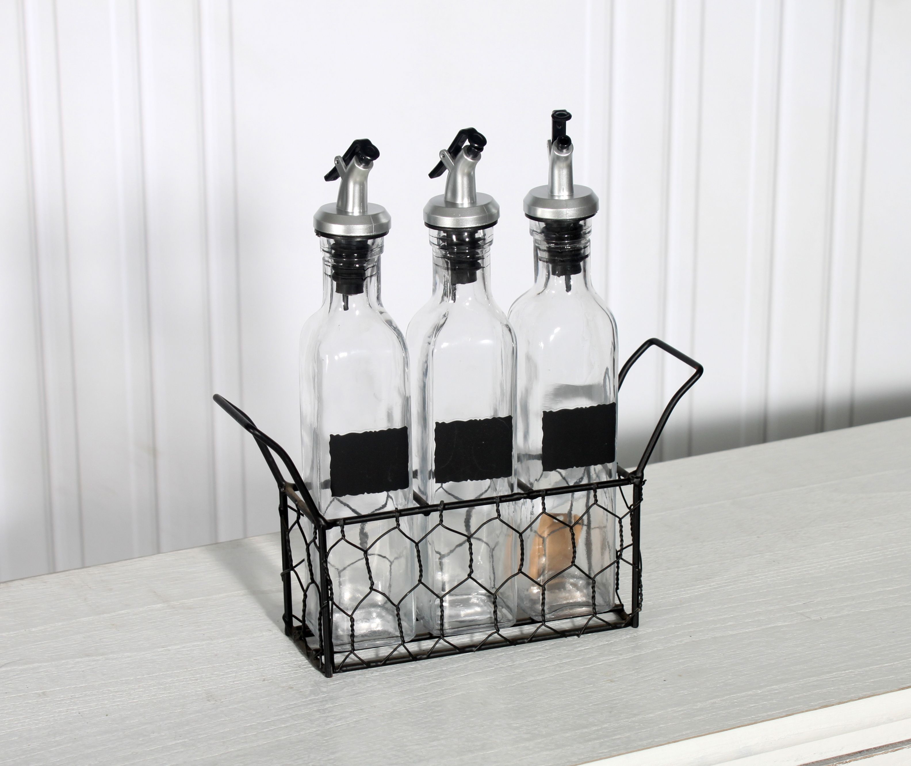 Glasss oil bottle with Iron frame