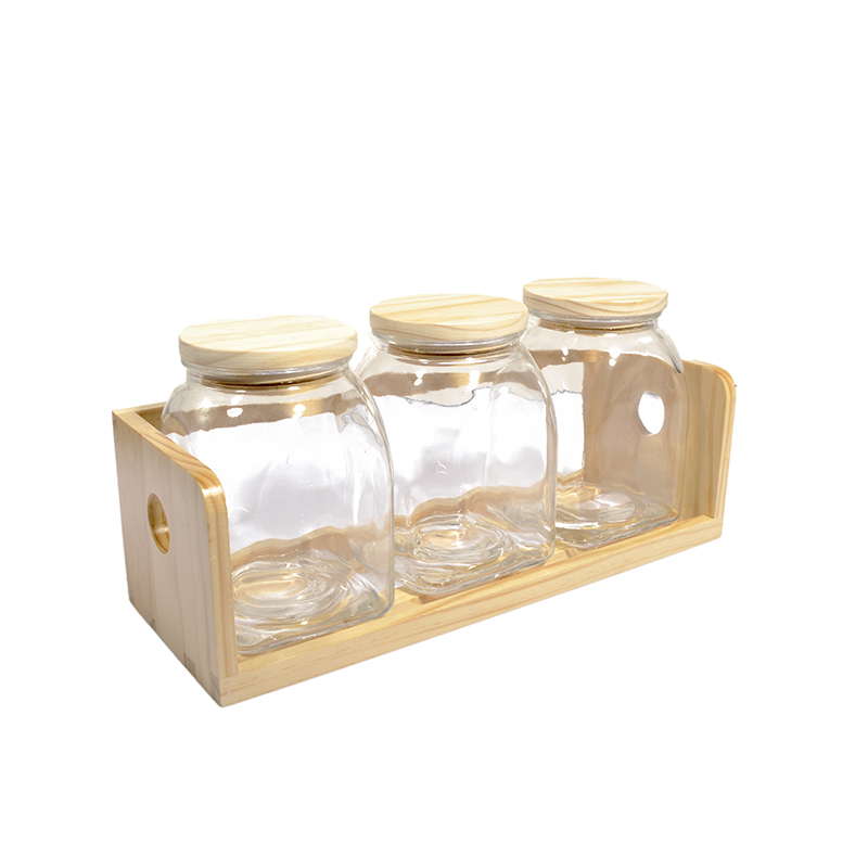 3pcs glass storage jar with wooden rack set