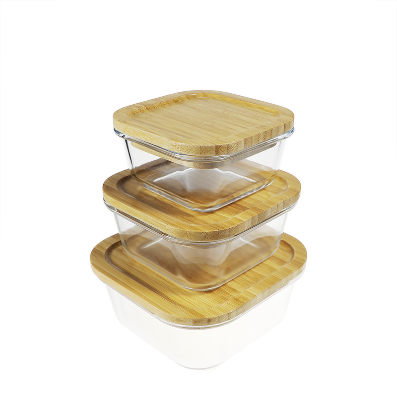 Borosilicate square glass food container with bamboo lid