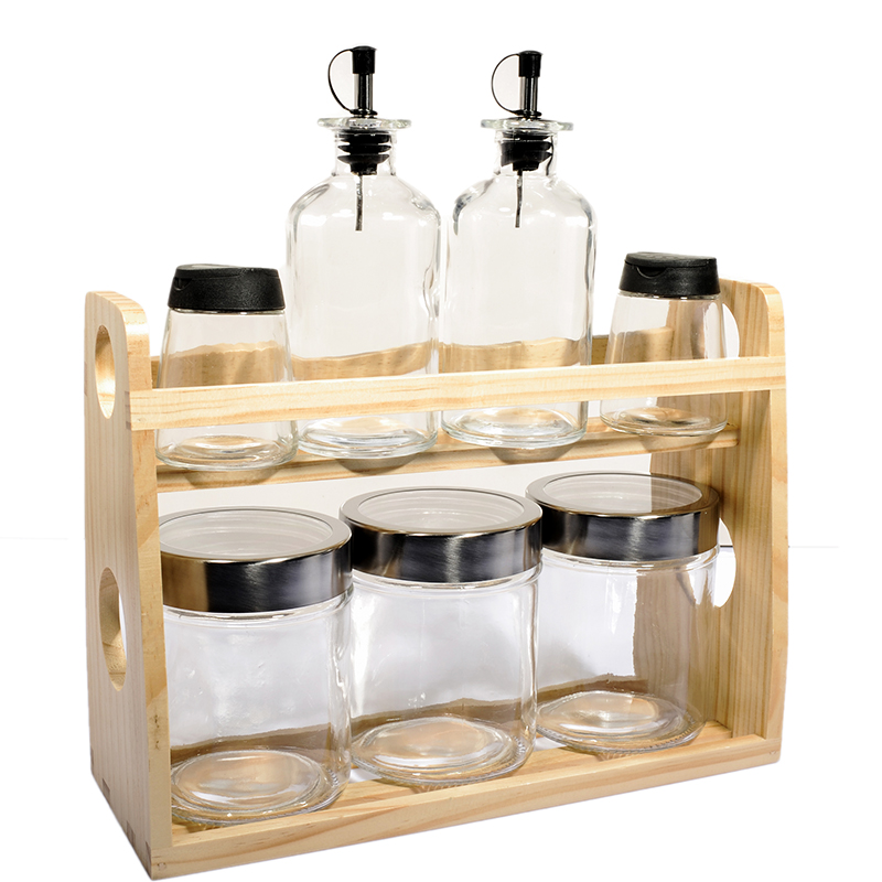 7pcs glass storage jar with wooden rack set