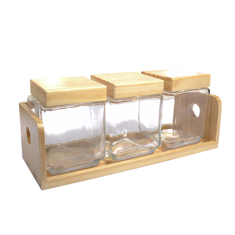 3pcs glass storage jar with wooden rack set