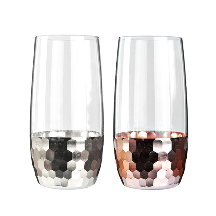 Glass tumbler, golden finish hand cut effect